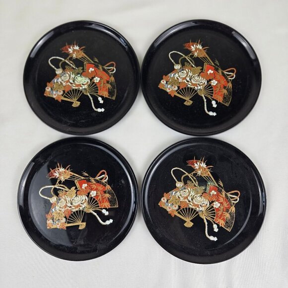 Set of 4 Black Coasters in Matching Round Box Asian Fan Design Lacquerware Vtg - Picture 7 of 10